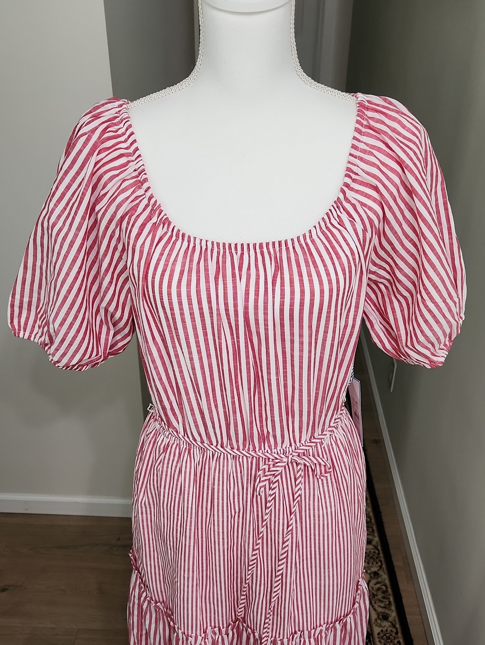 DRAPER JAMES RSVP Puff Sleeve Tiered Maxi Dress Red White Striped Size Medium - Picture 8 of 16